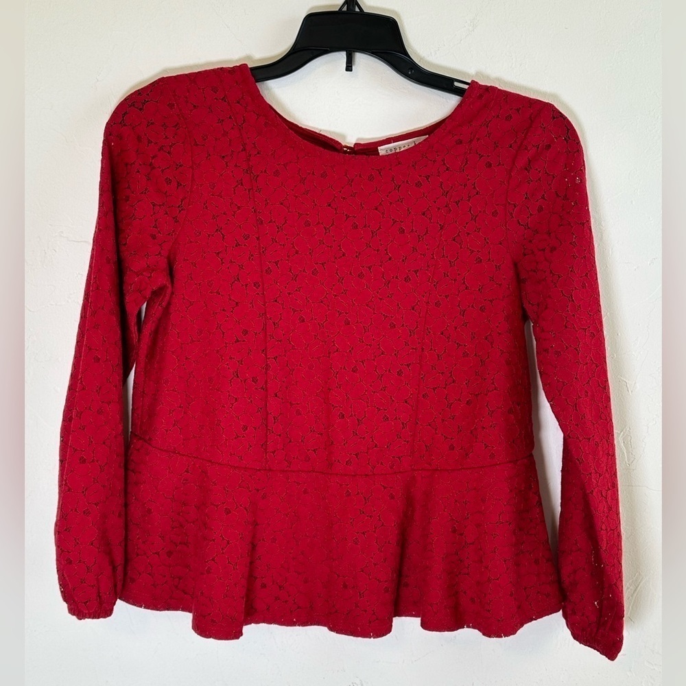 Copper Key Red Lace Dressy Holiday 3/4 length sleeves Peplum Blouse Sz L Girls